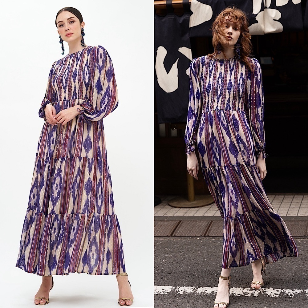 NWT OLIPHANT Ikat Stripe Puff Long Sleeve Smocked Top Ruffle Tier Maxi Dress XXS